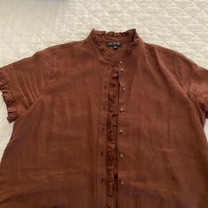 J. Crew ladies Brown ruffle Short Sleeve Shirt. Medium.